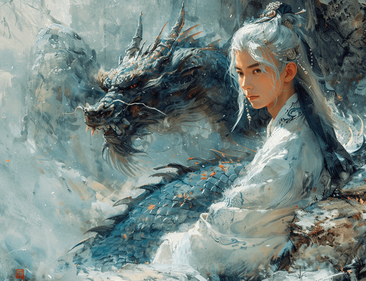 صورة مولدة بالذكاء الاصطناعي: Midjourney prompt: a Chinese boy with white hair living in a cave, a ... (نموذج Midjourney - Concept Art)