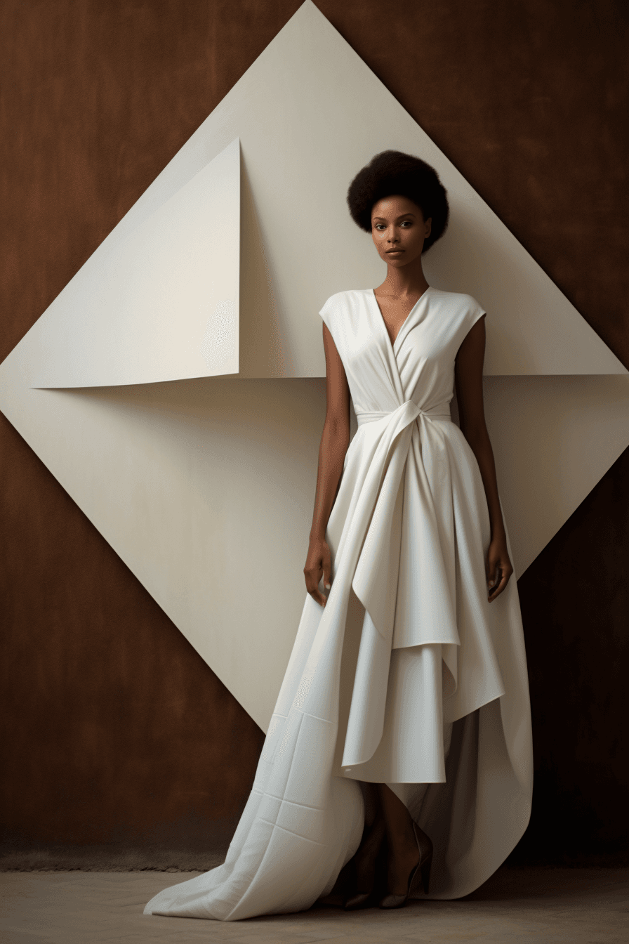 صورة مولدة بالذكاء الاصطناعي: Midjourney prompt: the black woman in white dress posing for a photo,... (نموذج Midjourney - أزياء وموضة)