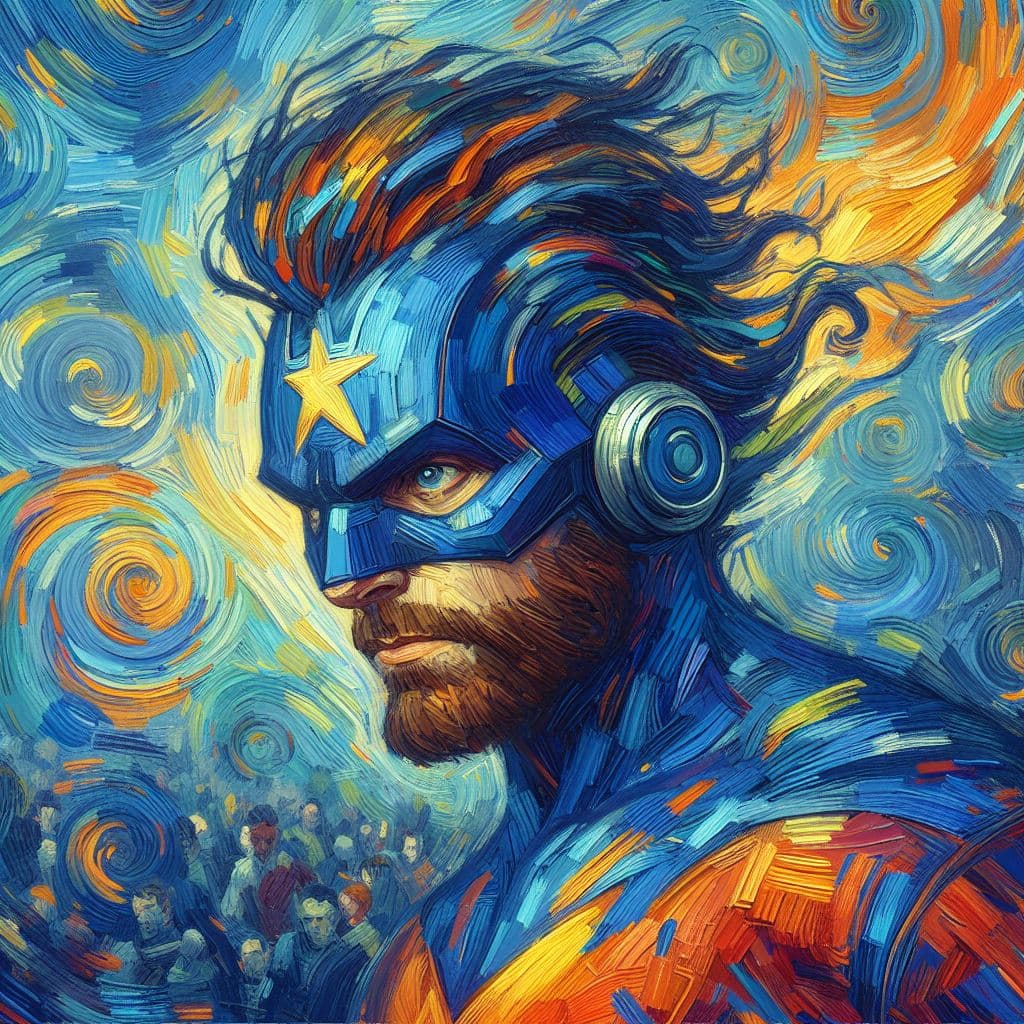 AI generated: DALL·E prompt: A superhero in style of van Gogh (DALL·E - Character Design)