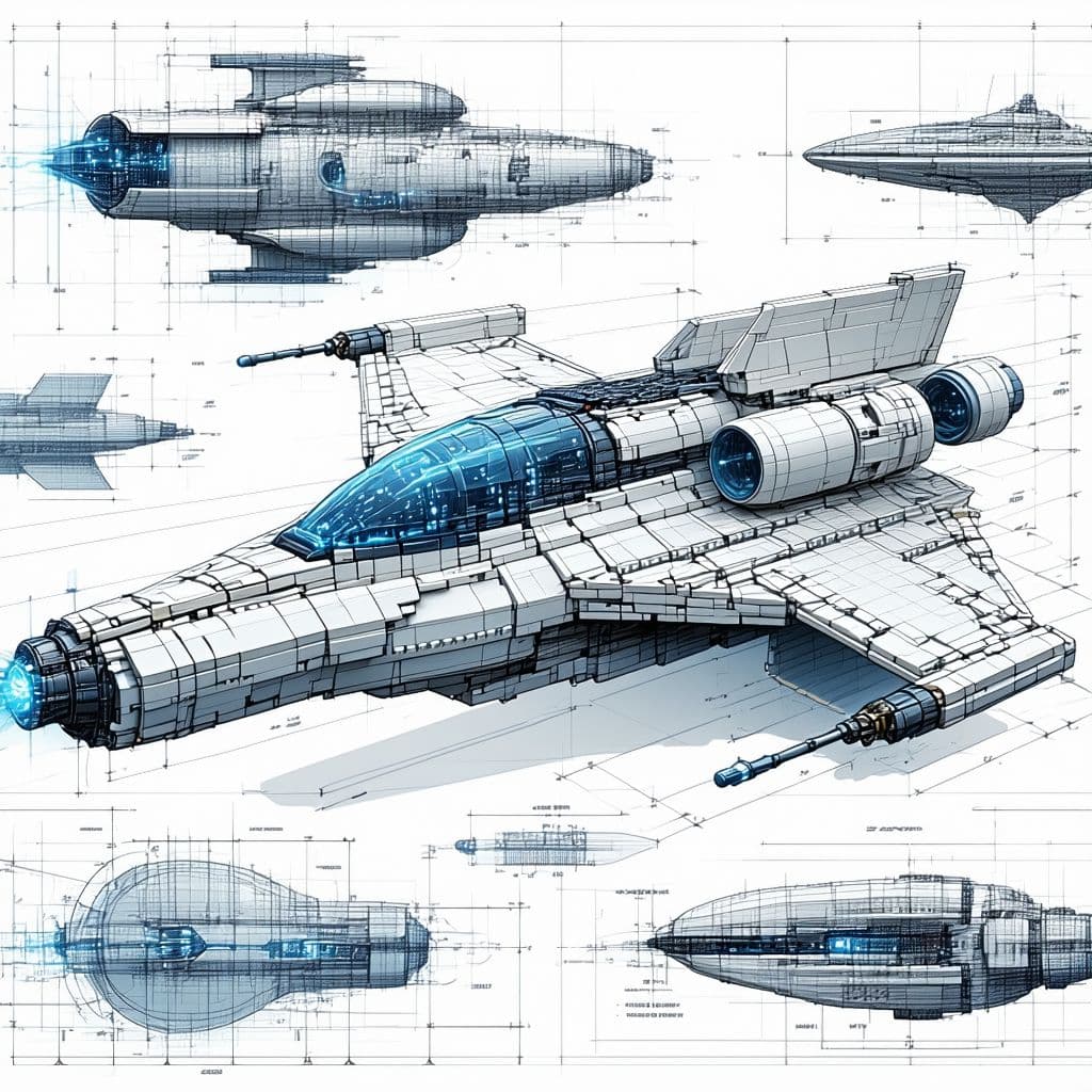 صورة مولدة بالذكاء الاصطناعي: Stable Diffusion prompt: sketches blueprint of futuristic sci-fi spacecraft... (نموذج Stable Diffusion - Stable Diffusion)