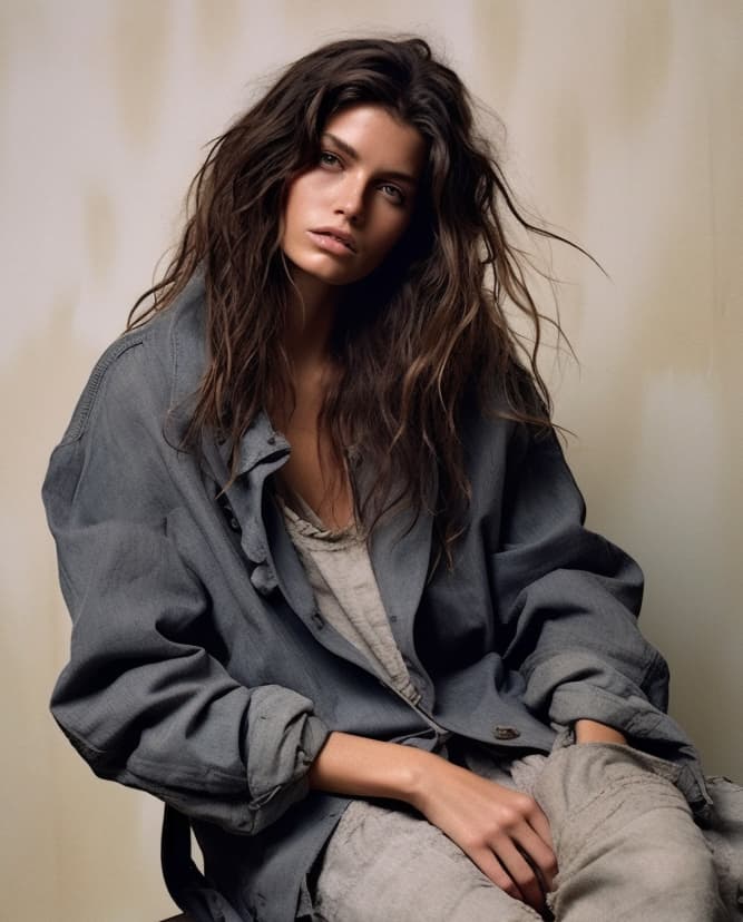 صورة مولدة بالذكاء الاصطناعي: Midjourney prompt: a woman sitting on a stool wearing a coat, i-d mag... (نموذج Midjourney - أزياء وموضة)