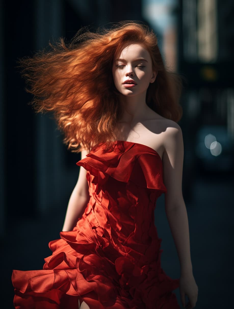 صورة مولدة بالذكاء الاصطناعي: Midjourney prompt: full body photo head-to-toe of a beautiful red hea... (نموذج Midjourney - أزياء وموضة)