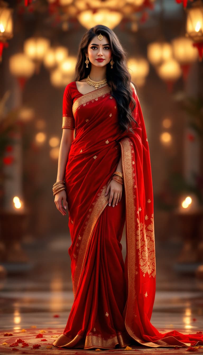 صورة مولدة بالذكاء الاصطناعي: FLUX prompt: (An Indian Girl:1.15), mid 20's age, (wearing a re... (نموذج FLUX - FLUX)