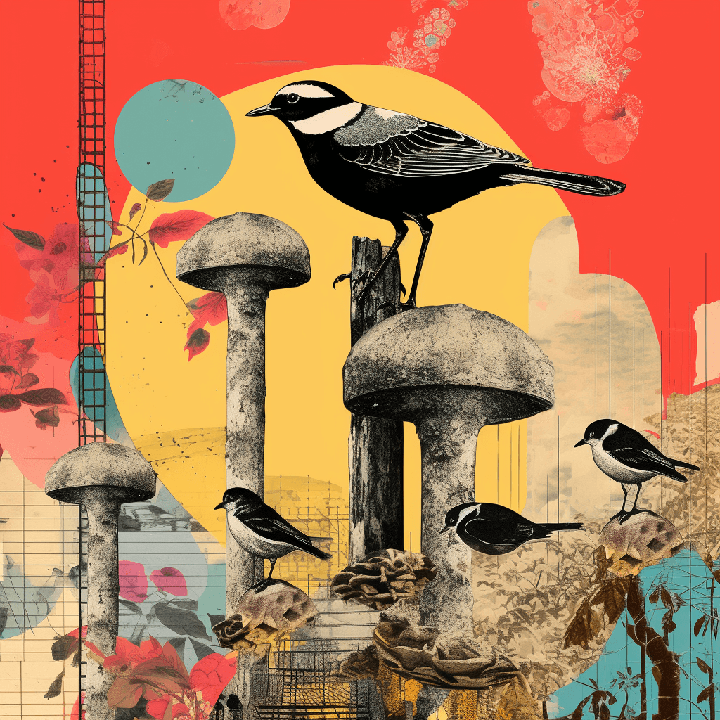 صورة مولدة بالذكاء الاصطناعي: Midjourney prompt: a collage illustration of birds and giant mushroom... (نموذج Midjourney - Concept Art)