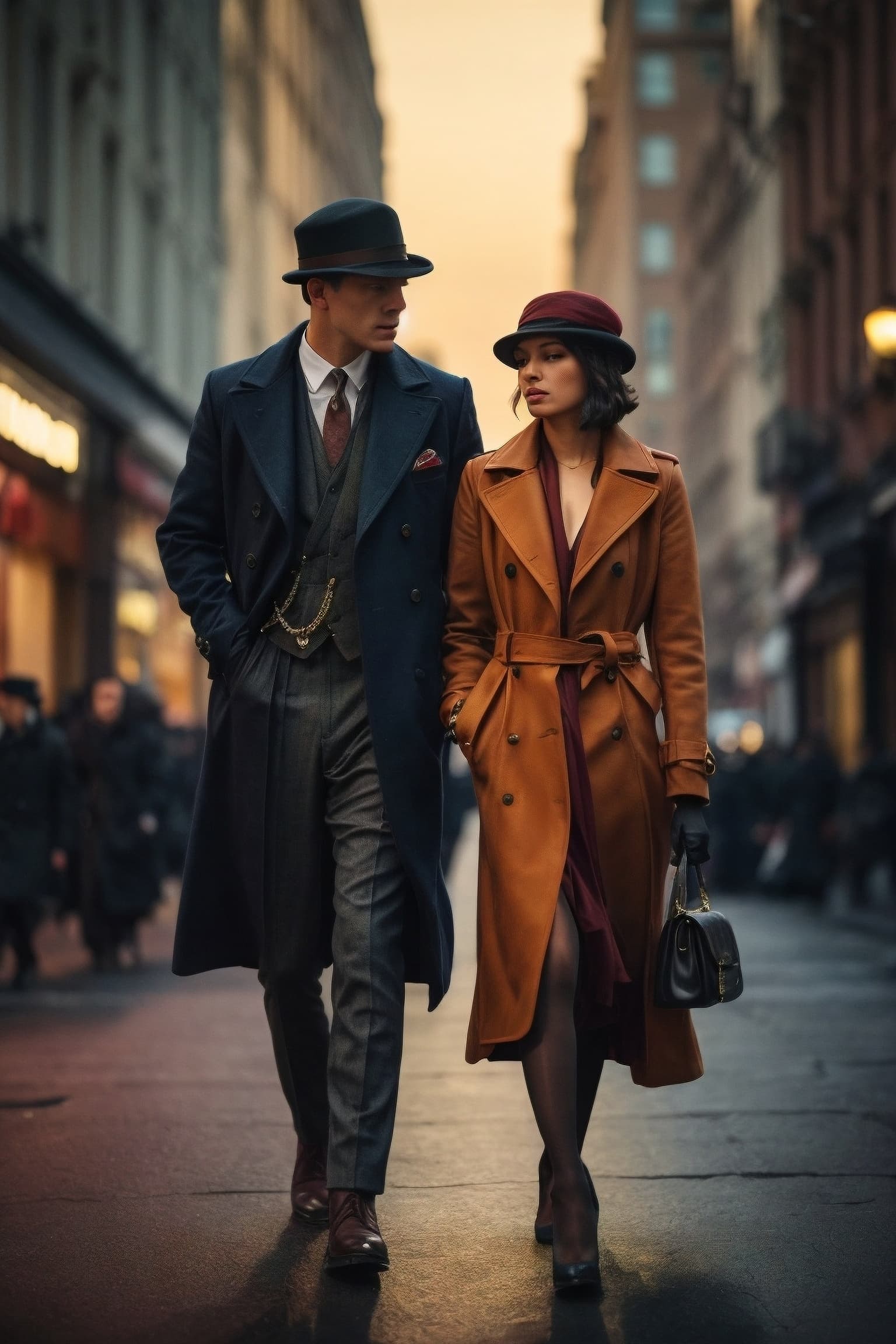 صورة مولدة بالذكاء الاصطناعي: Midjourney prompt: "As the sun sets over the city, a couple make the... (نموذج Midjourney - أزياء وموضة)