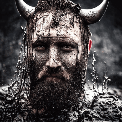 صورة مولدة بالذكاء الاصطناعي: Stable Diffusion prompt: Close-up of Viking King emerging from wet black mu... (نموذج Stable Diffusion - Stable Diffusion)