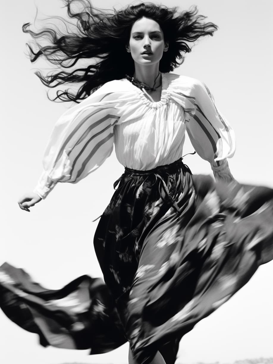 AI generated: Midjourney prompt: a black and white photo of a woman running, by Ric... (Midjourney - Fashion)