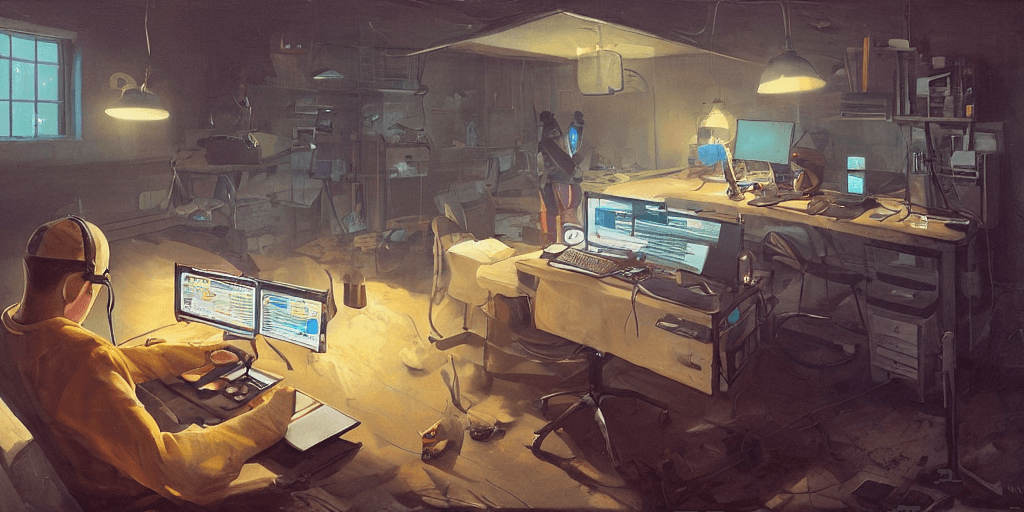 صورة مولدة بالذكاء الاصطناعي: Stable Diffusion prompt: Kaleb, busily coding away on his computer, was det... (نموذج Stable Diffusion - Concept Art)