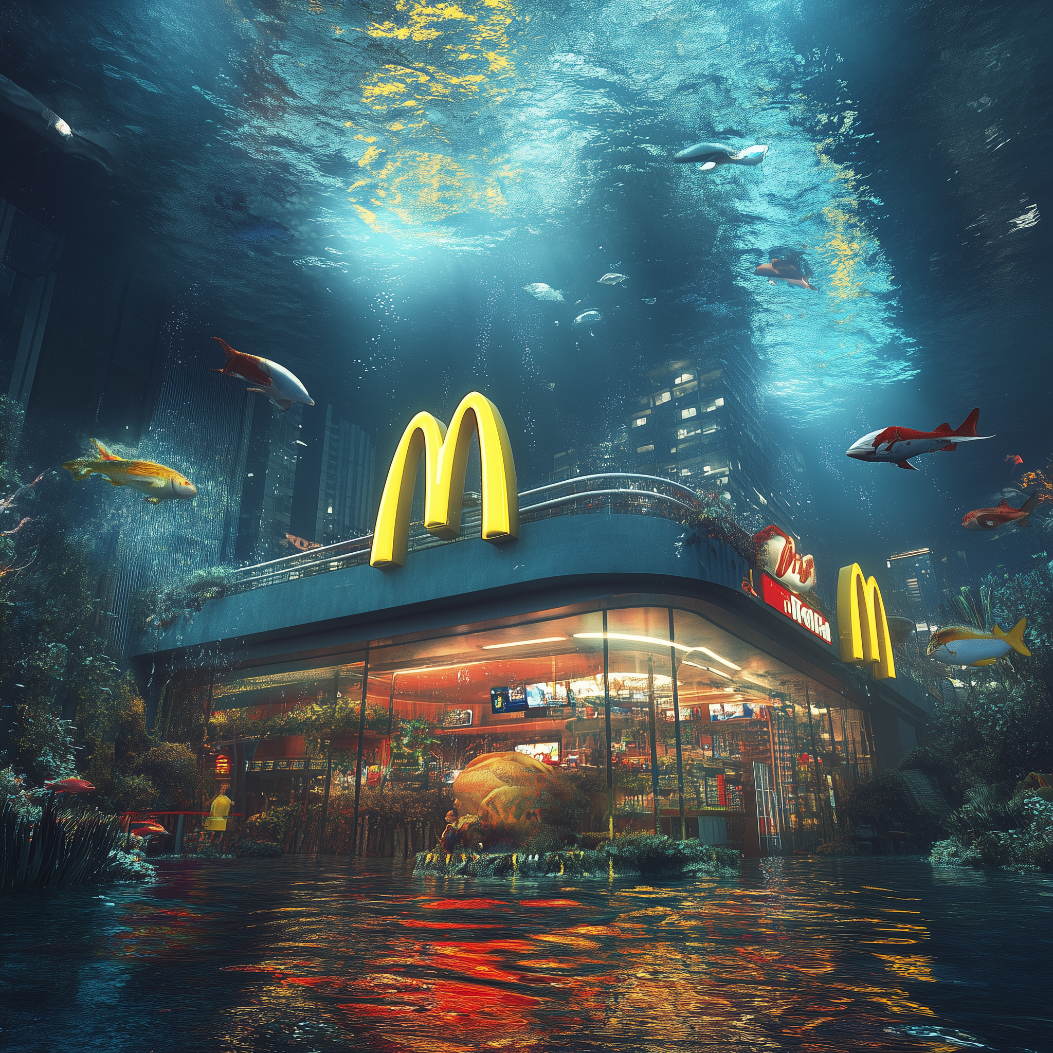 صورة مولدة بالذكاء الاصطناعي: Midjourney prompt: McDonalds restaurant under the sea (نموذج Midjourney - Midjourney)