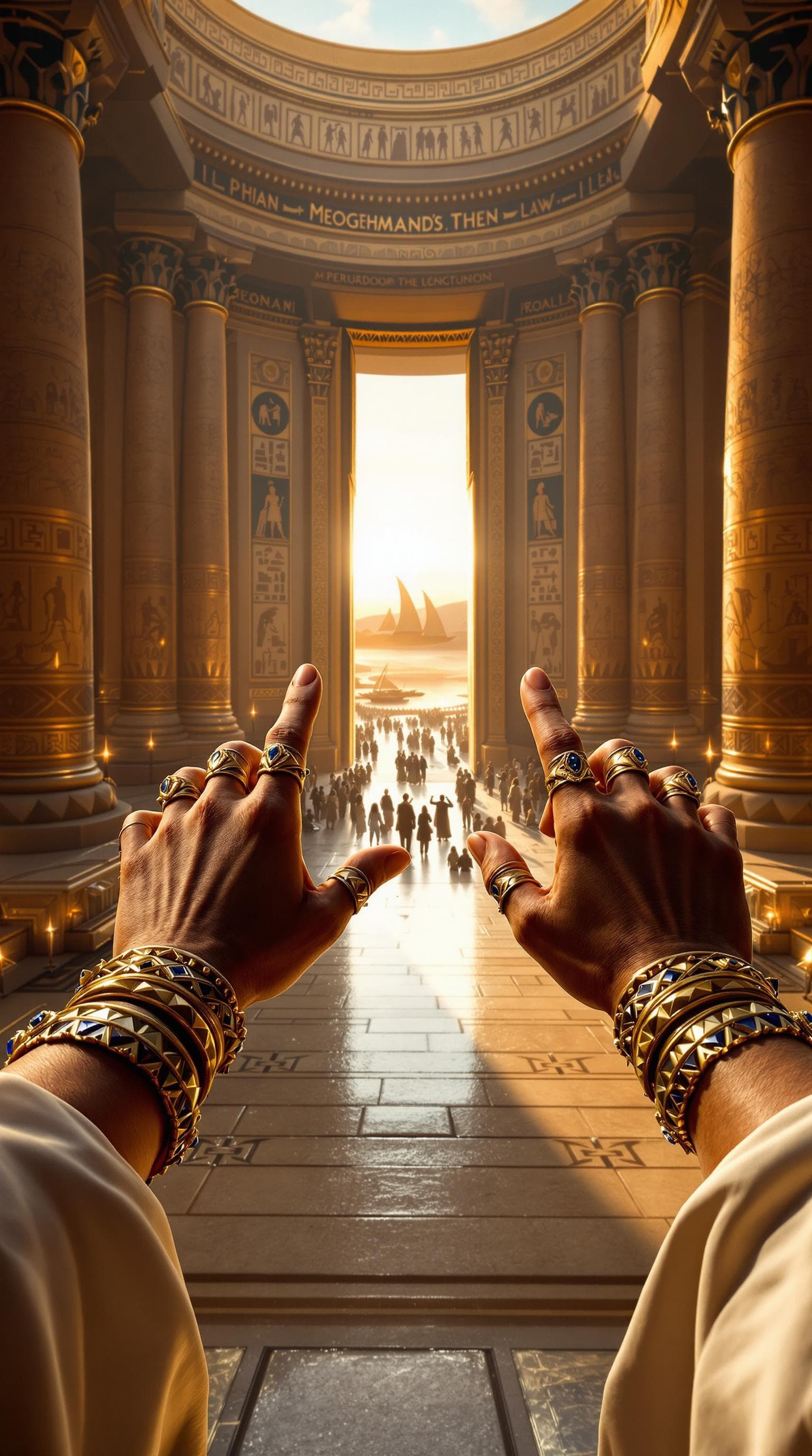 صورة مولدة بالذكاء الاصطناعي: FLUX prompt: First-person POV, the Pharaoh’s hands rest on the ... (نموذج FLUX - FLUX)