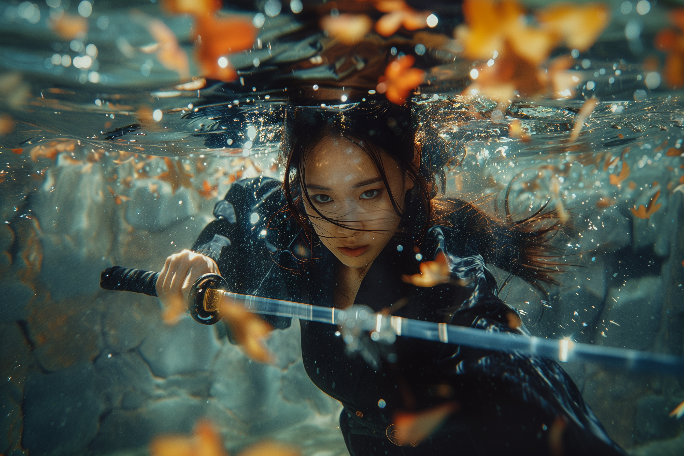 صورة مولدة بالذكاء الاصطناعي: Midjourney prompt: wide angle shot, a beautiful Japanese female ninja... (نموذج Midjourney - Portraits)