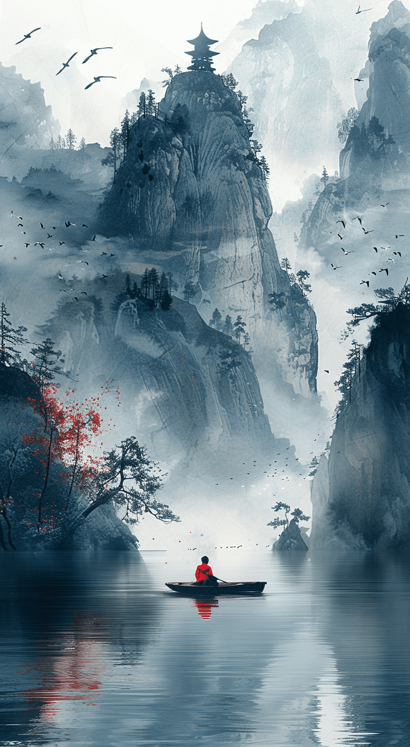 AI generated: Midjourney prompt: 1 person in red is sitting in a boat on the river,... (Midjourney - Photography)