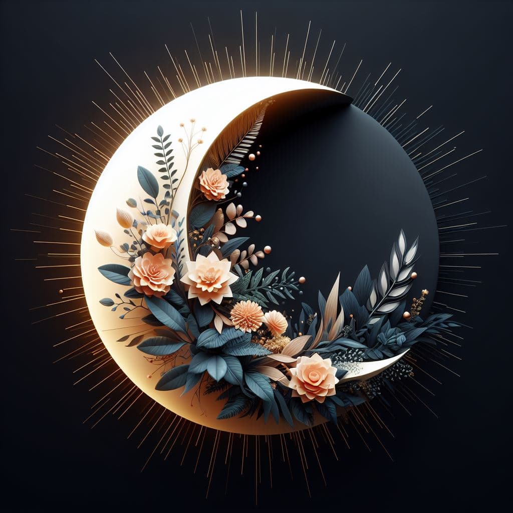 AI generated: Midjourney prompt: abstract 3D shape half sun half moon, foliage and ... (Midjourney - Photography)