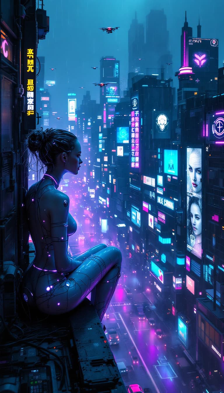 AI generated: FLUX prompt: Une mégalopole cyberpunk futuriste, baignée de néo... (FLUX - FLUX)