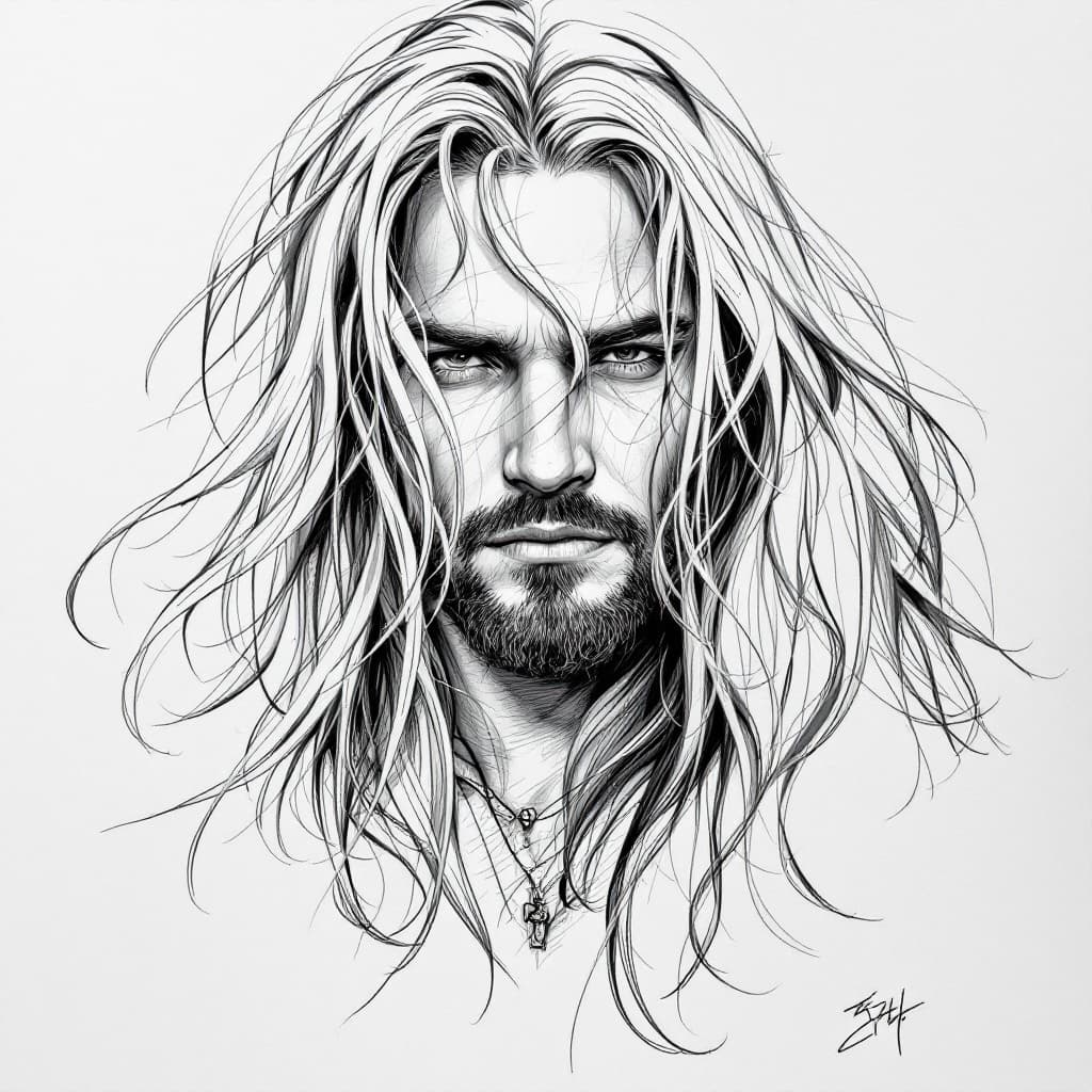 AI generated: FLUX prompt: a drawing with a man with long hair covering his f... (FLUX - FLUX)