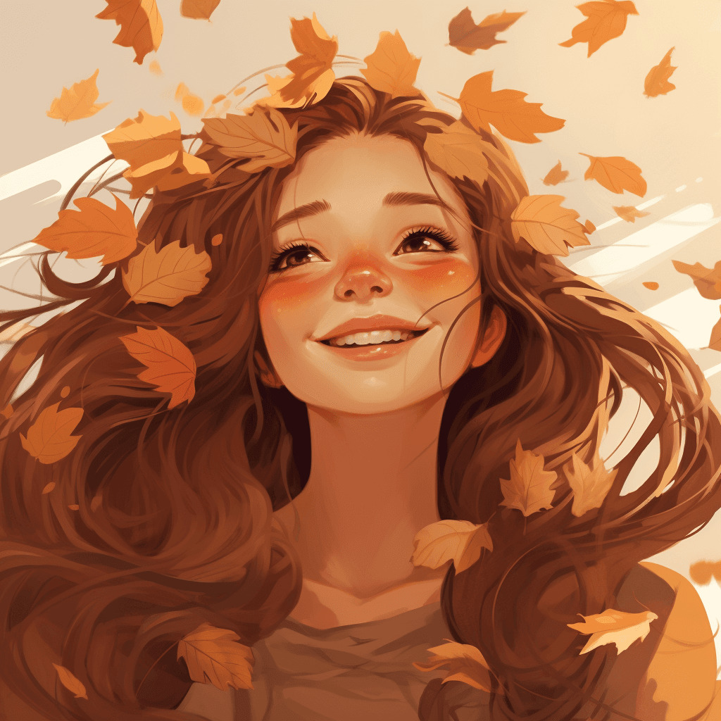 صورة مولدة بالذكاء الاصطناعي: Girl with flying autumn leaf crown (نموذج Midjourney - Character Design)