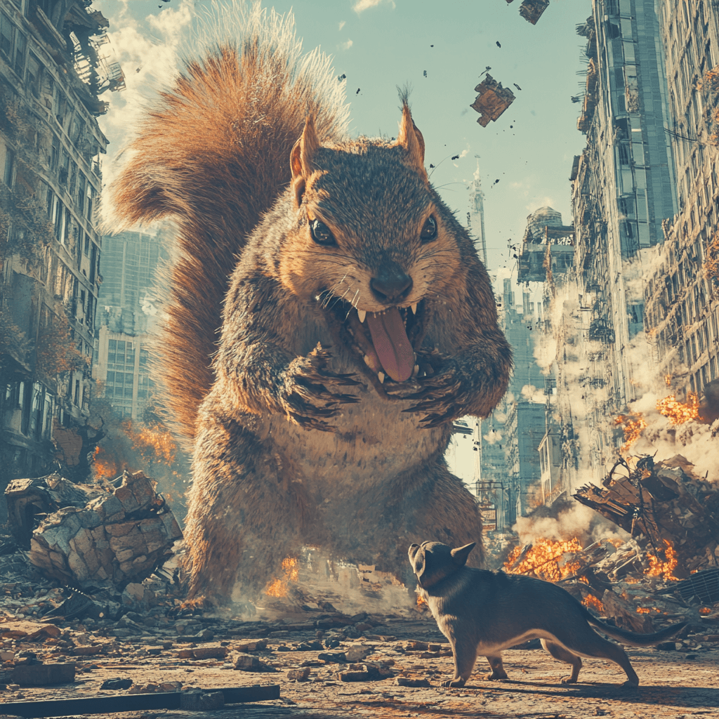 صورة مولدة بالذكاء الاصطناعي: Midjourney prompt: a huge squirrell fights a dog in a destroyed city,... (نموذج Midjourney - Concept Art)