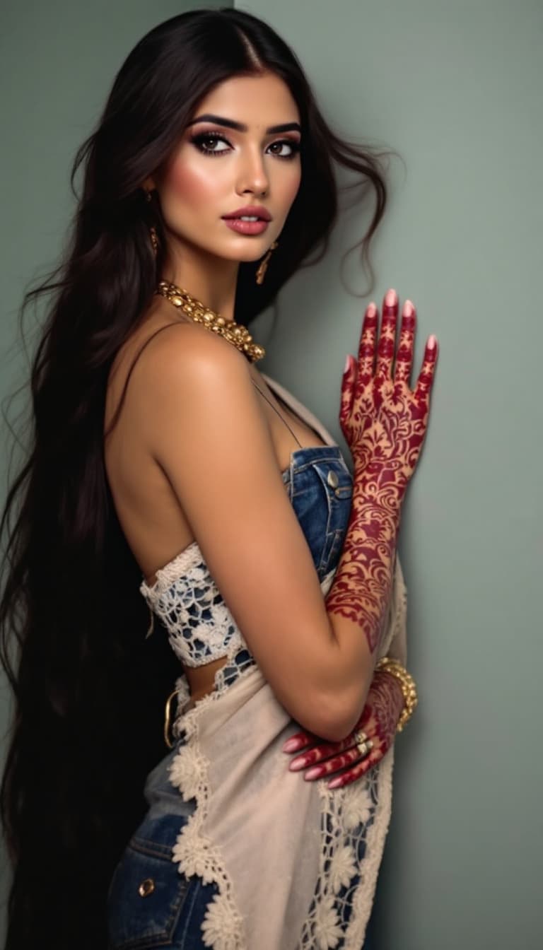AI generated: FLUX prompt: **A stylish Indian woman with extremely long hair,... (FLUX - FLUX)