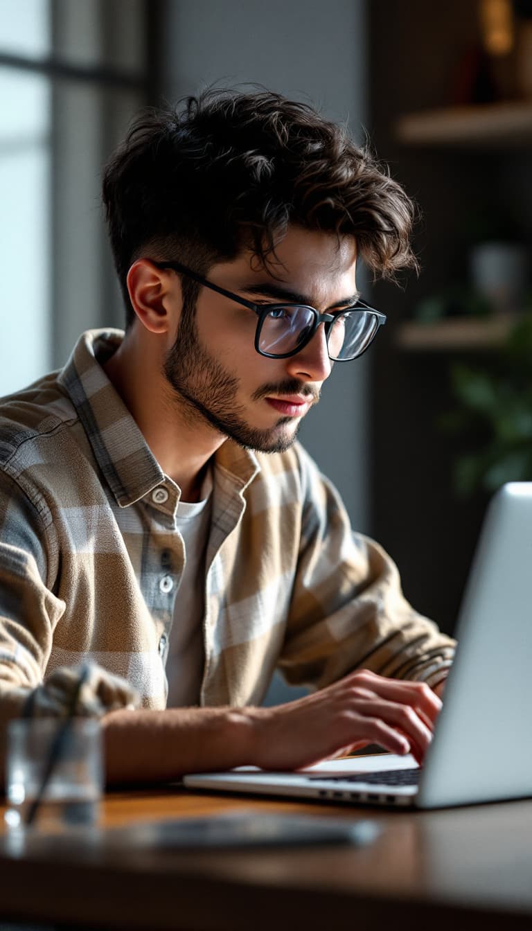 صورة مولدة بالذكاء الاصطناعي: FLUX prompt: a young man wearing glasses is using a laptop, a c... (نموذج FLUX - FLUX)
