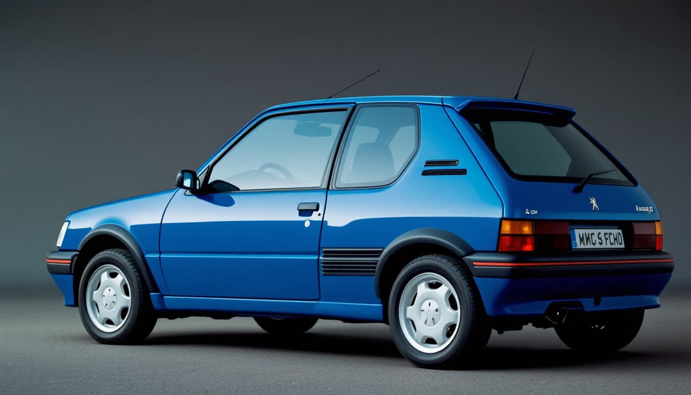 صورة مولدة بالذكاء الاصطناعي: FLUX prompt: Make me an image of a blue 4-door Peugeot 205 seen... (نموذج FLUX - FLUX)