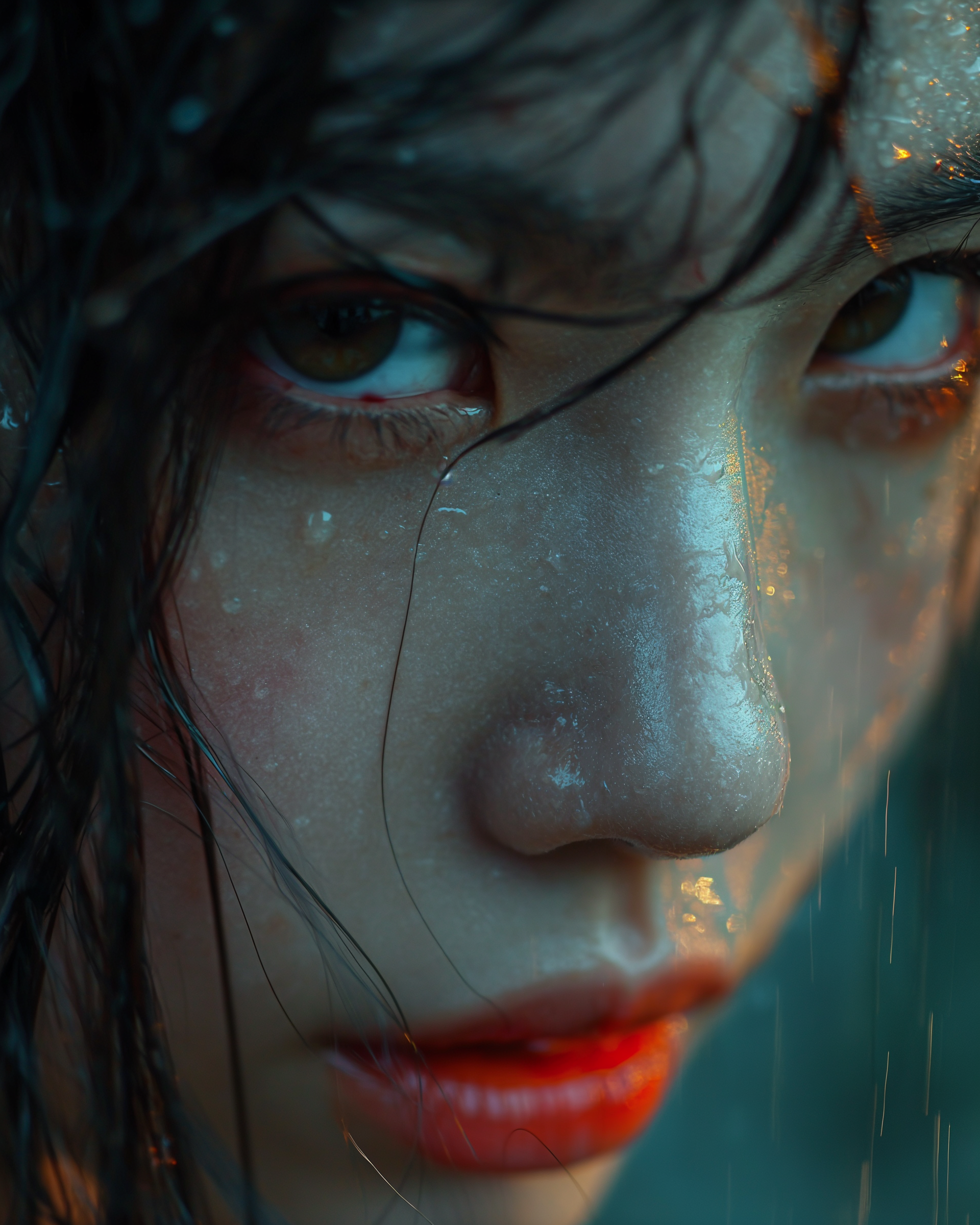 صورة مولدة بالذكاء الاصطناعي: Midjourney prompt: dramatic shot green eye asian girl, wet hair, bloo... (نموذج Midjourney - Photography)