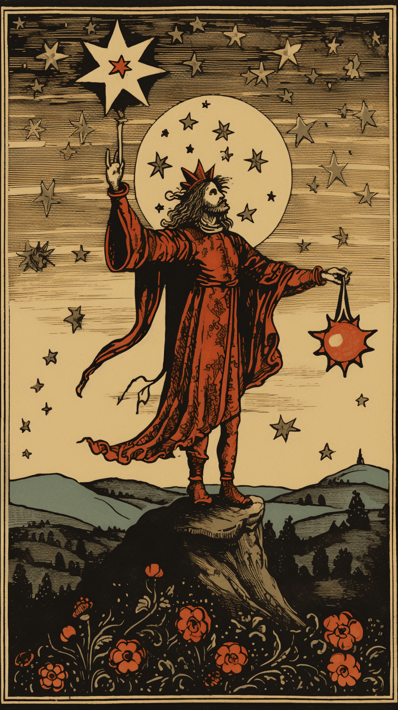 صورة مولدة بالذكاء الاصطناعي: Midjourney prompt: A jester standing on a hill, stars in sky, moon wi... (نموذج Midjourney - Concept Art)