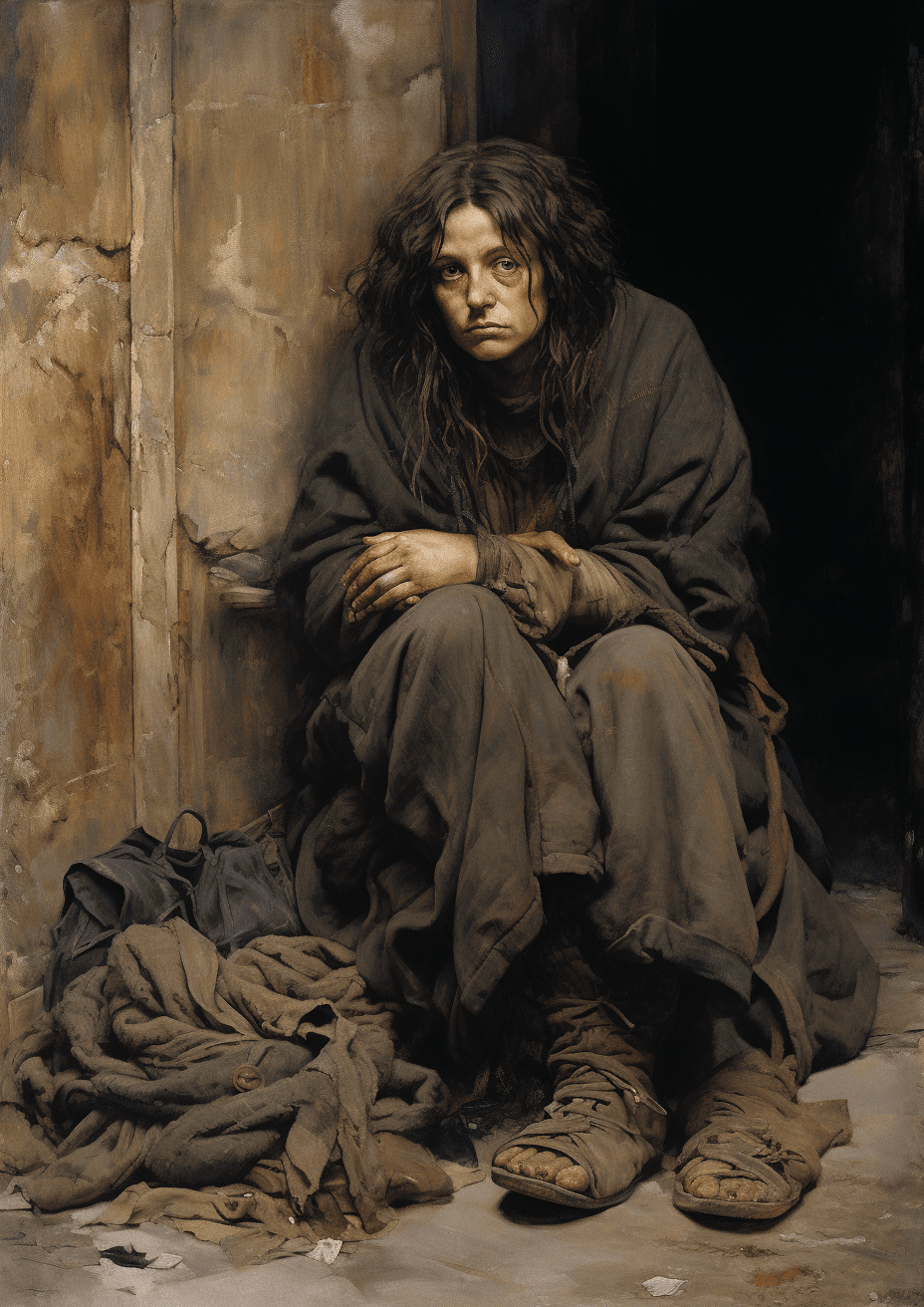 صورة مولدة بالذكاء الاصطناعي: Midjourney prompt: Mona Lisa homeless, begging on street,1900-1917 -- (نموذج Midjourney - Photography)