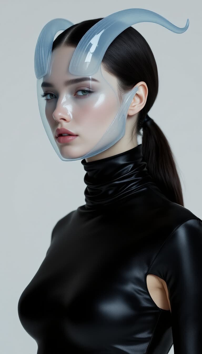 صورة مولدة بالذكاء الاصطناعي: FLUX prompt: A female model wears a sleek, black, high-necked l... (نموذج FLUX - FLUX)
