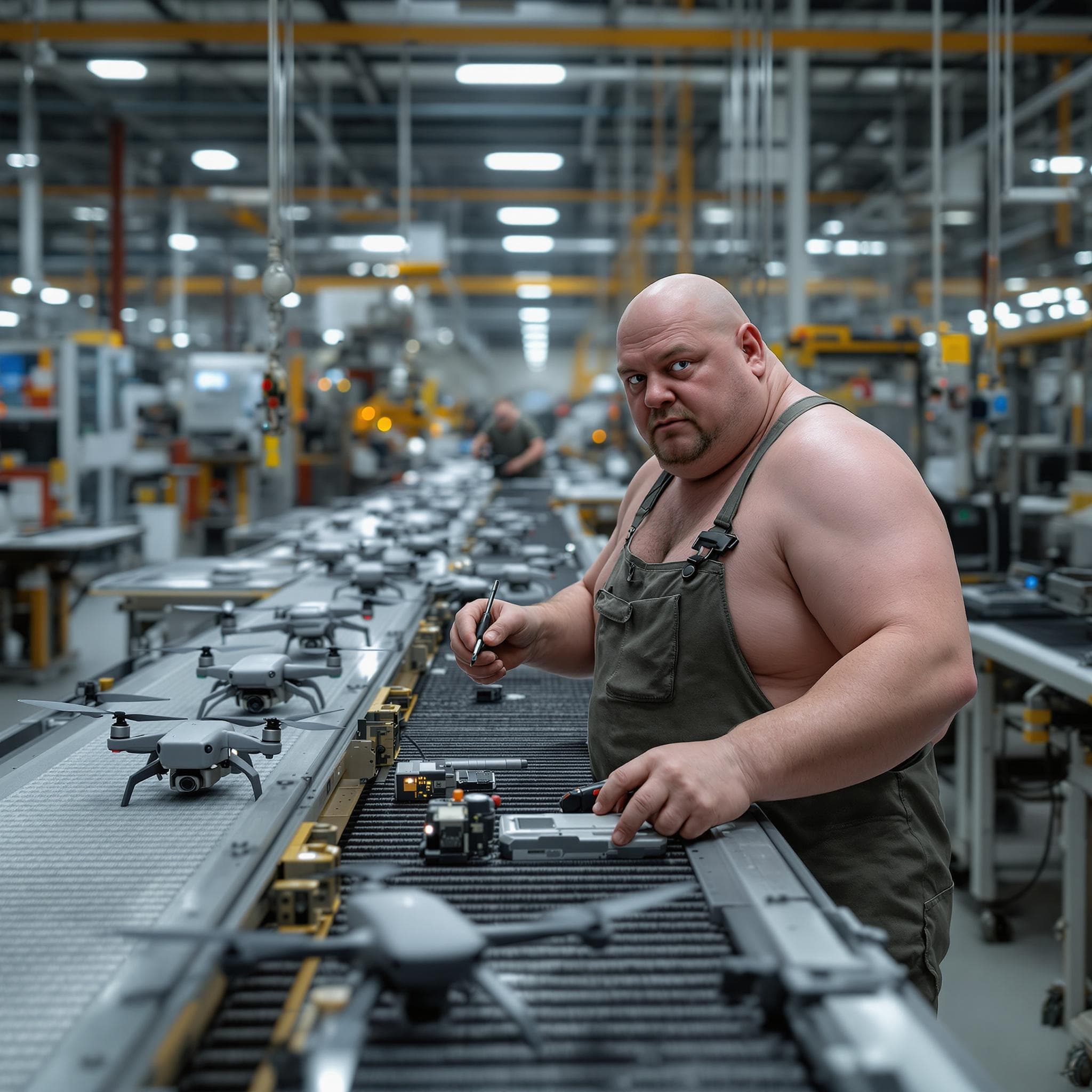AI generated: FLUX prompt: In the photo, a fat, hairless factory worker on th... (FLUX - FLUX)