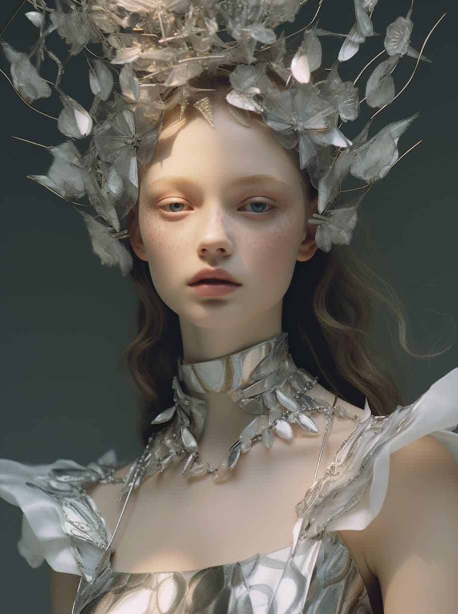 AI generated: Midjourney prompt: a close up of a person wearing a silver dress, by ... (Midjourney - Fashion)