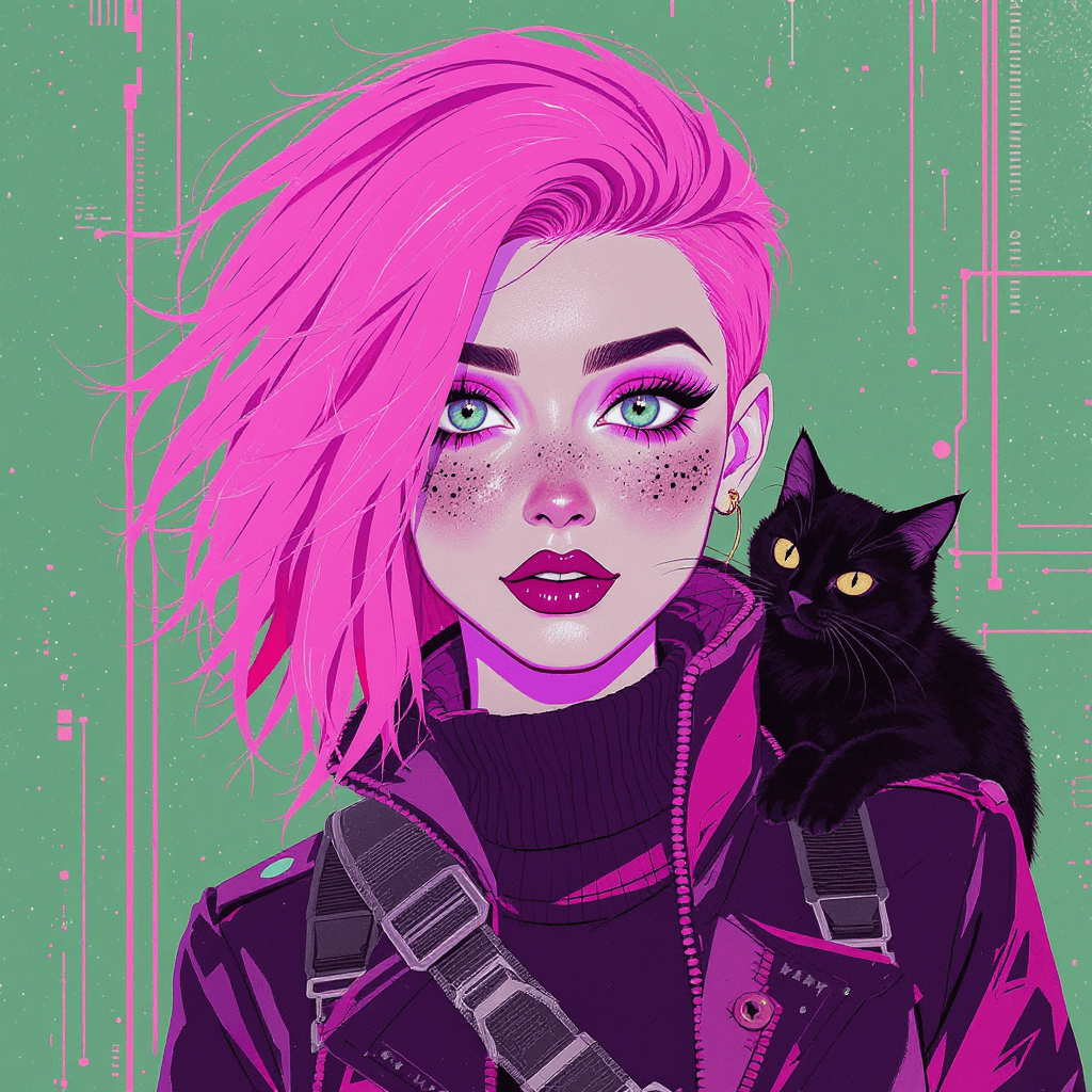 صورة مولدة بالذكاء الاصطناعي: FLUX prompt: An illustration of a quirky girl with pink hair, i... (نموذج FLUX - FLUX)