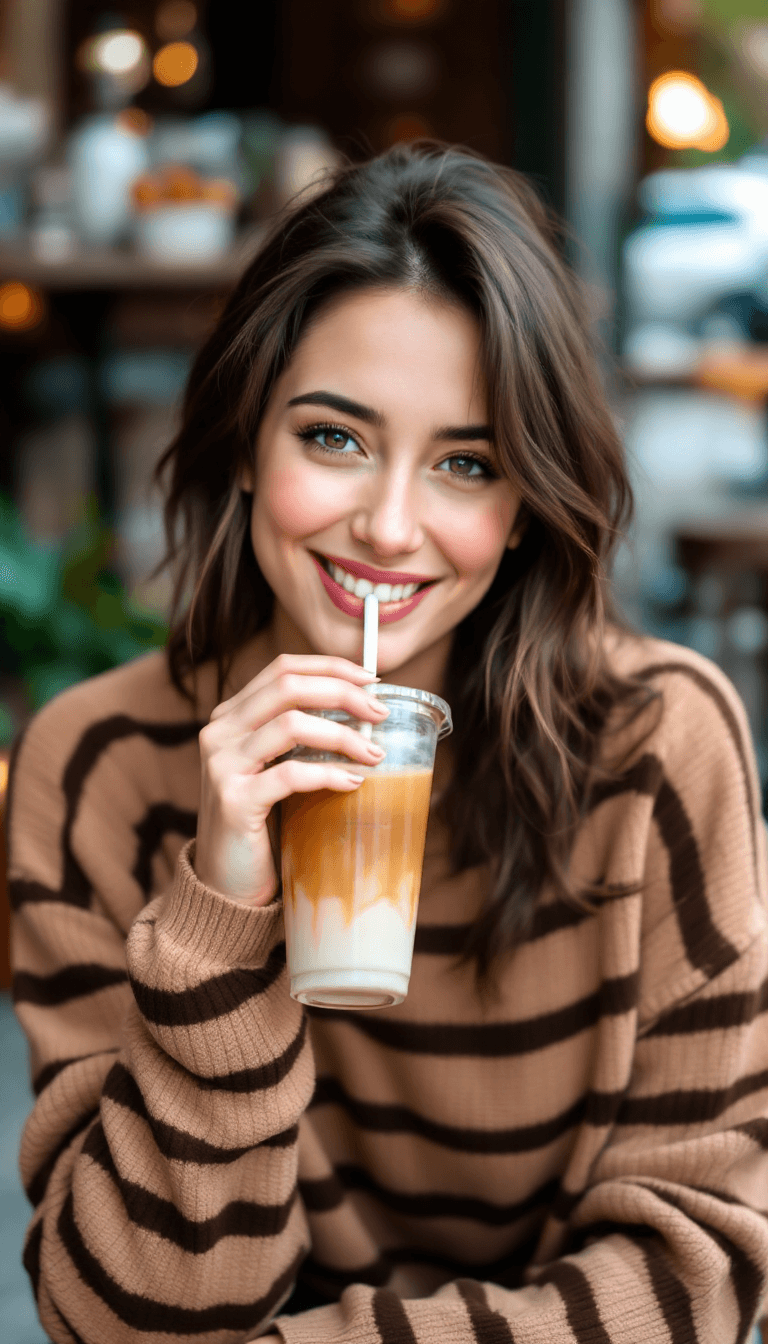 صورة مولدة بالذكاء الاصطناعي: FLUX prompt: A woman sitting outdoors, sipping a drink from a t... (نموذج FLUX - FLUX)
