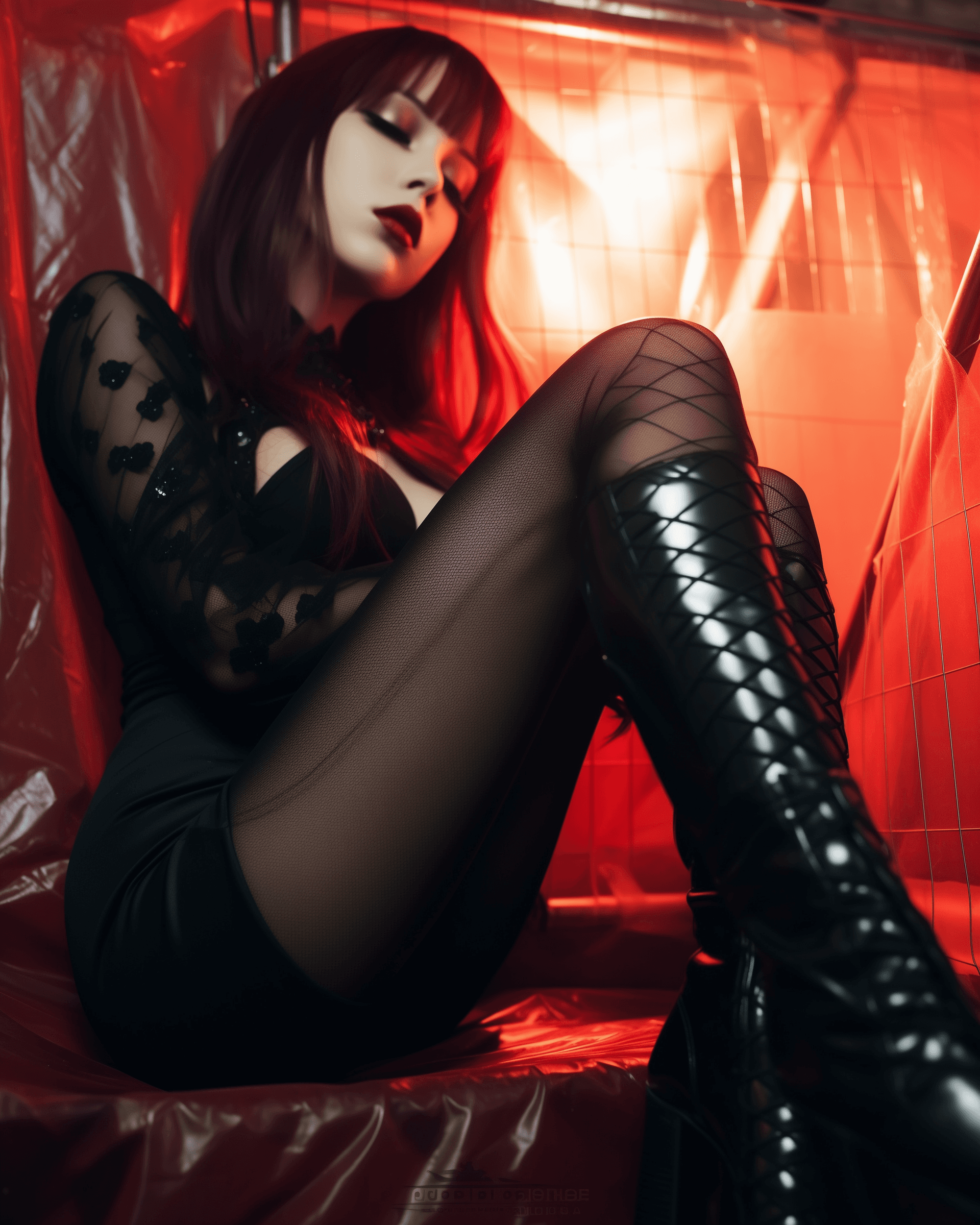 صورة مولدة بالذكاء الاصطناعي: Midjourney prompt: black latex high heels, fishnets, over the knee bo... (نموذج Midjourney - أزياء وموضة)