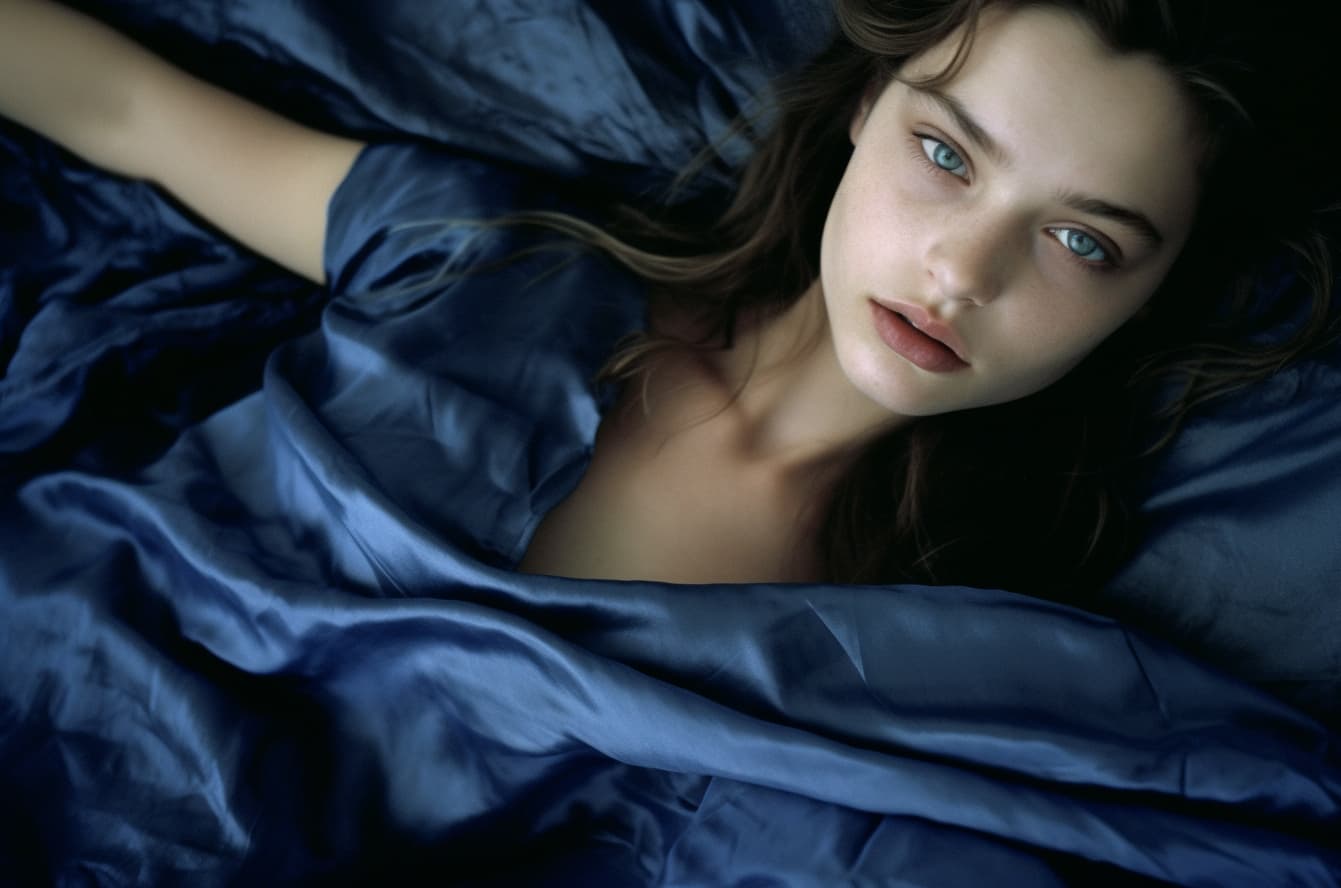 صورة مولدة بالذكاء الاصطناعي: Midjourney prompt: a woman in a blue dress laying on the ground, a pi... (نموذج Midjourney - أزياء وموضة)