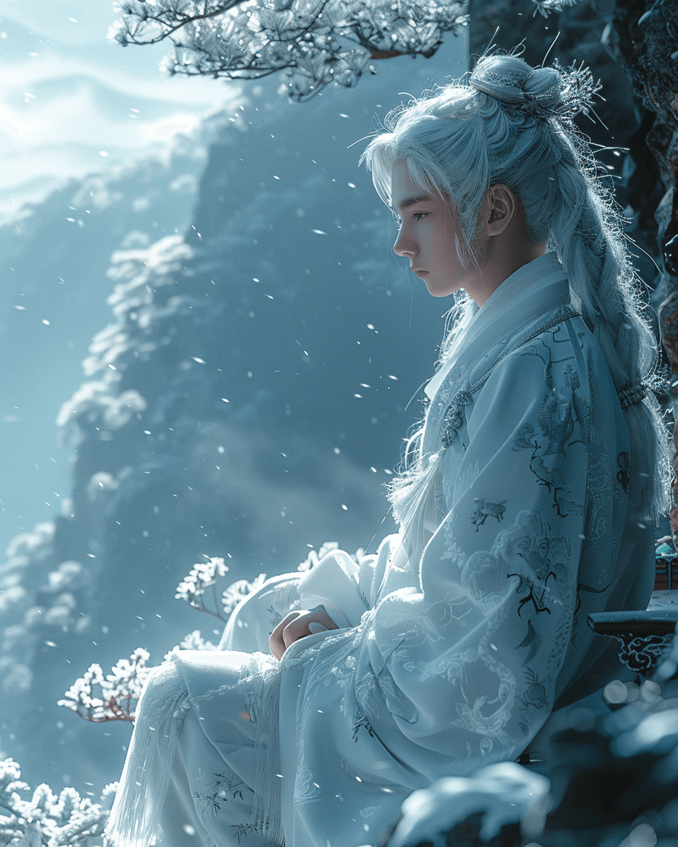 AI generated: Midjourney prompt: A Chinese boy with white hair sitting in a Chinese... (Midjourney - Concept Art)