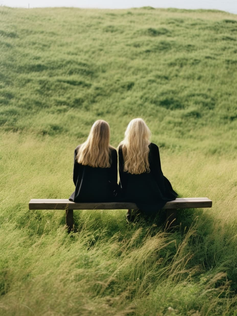 صورة مولدة بالذكاء الاصطناعي: Midjourney prompt: a couple of women sitting on top of a wooden bench... (نموذج Midjourney - أزياء وموضة)