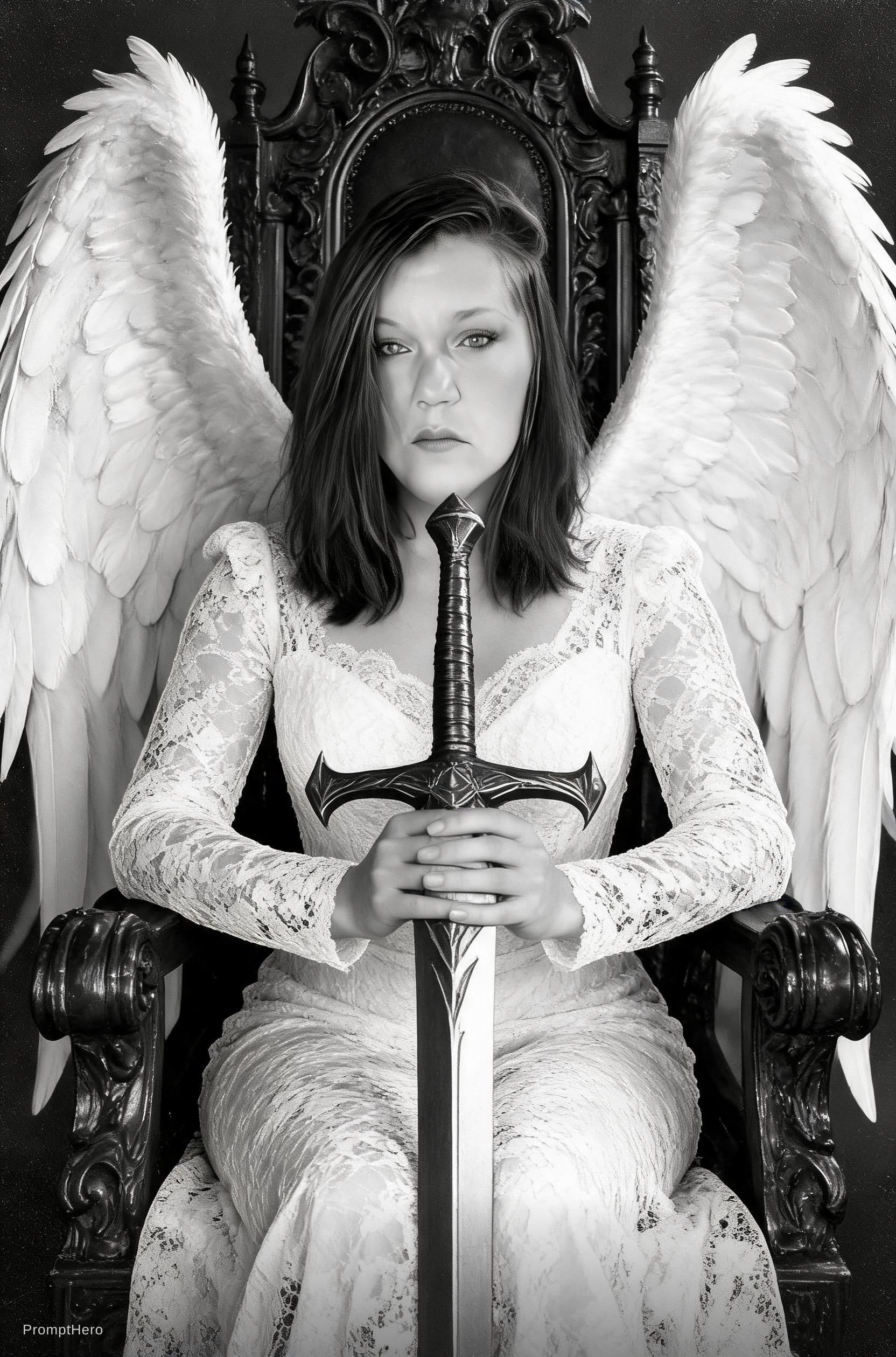 صورة مولدة بالذكاء الاصطناعي: Hero prompt: A beautiful angelic woman with a colossal sword, w... (نموذج Hero - Hero)