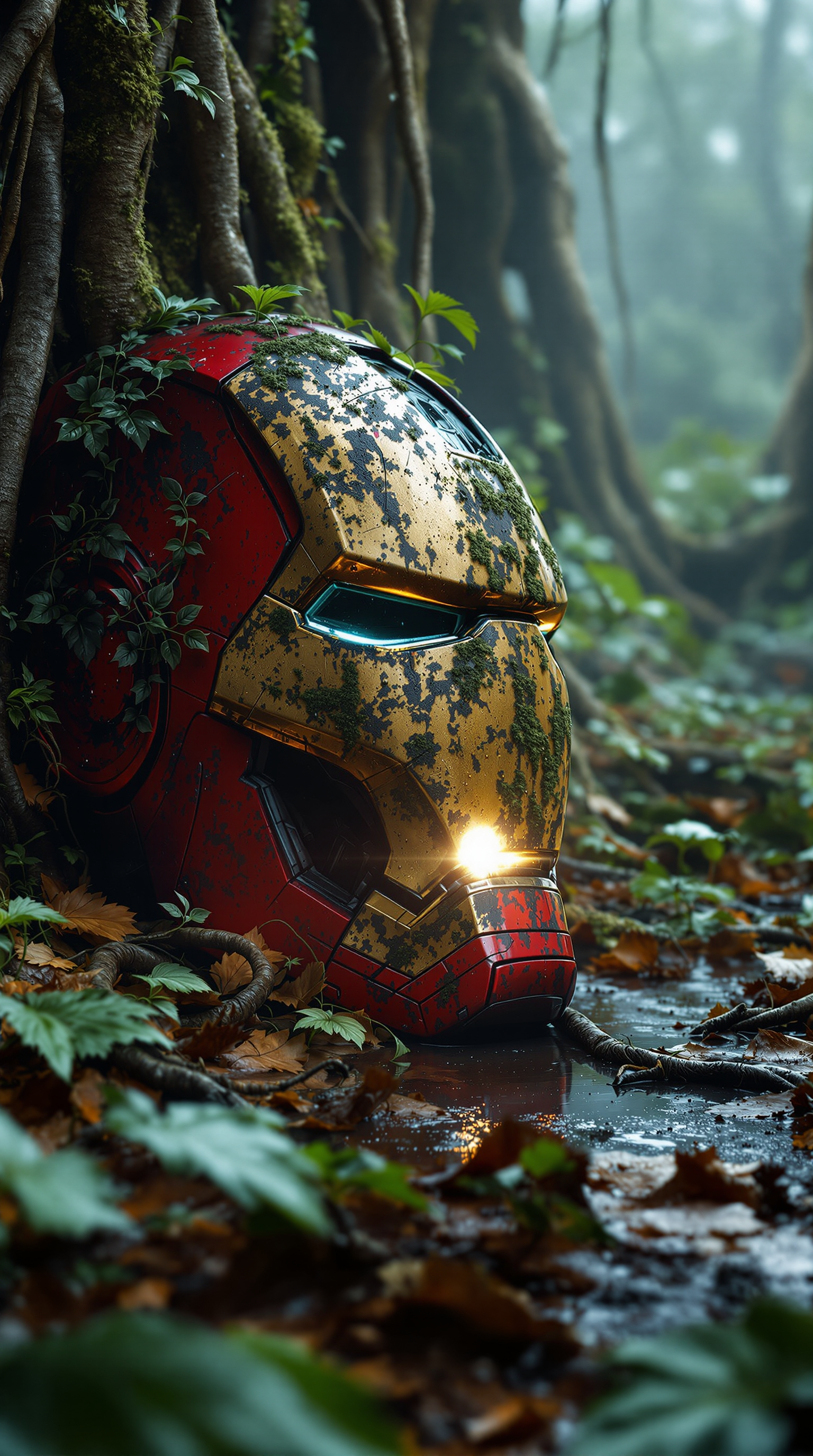 صورة مولدة بالذكاء الاصطناعي: FLUX prompt: A close-up of a heavily rusted Iron Man helmet lyi... (نموذج FLUX - FLUX)