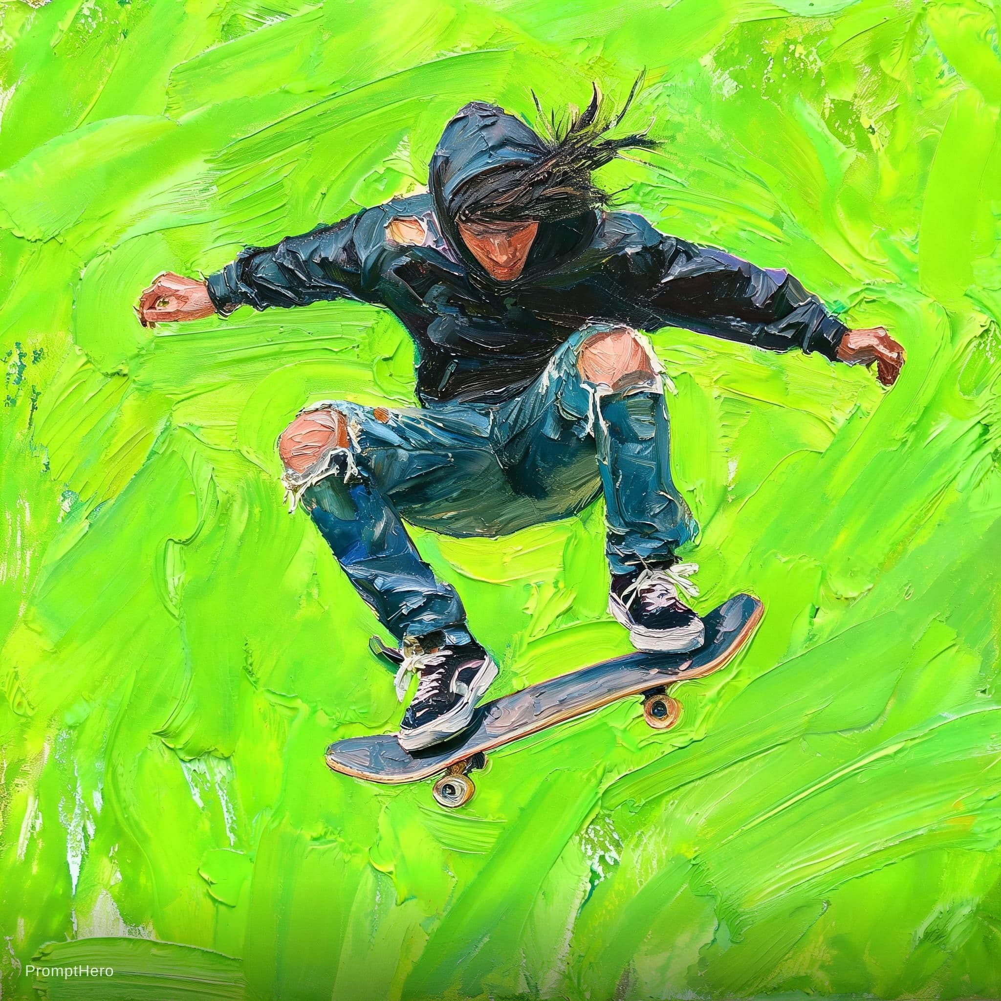 AI generated: Hero prompt: artistic, painting, skateboarder, mid-air trick ov... (Hero - Hero)
