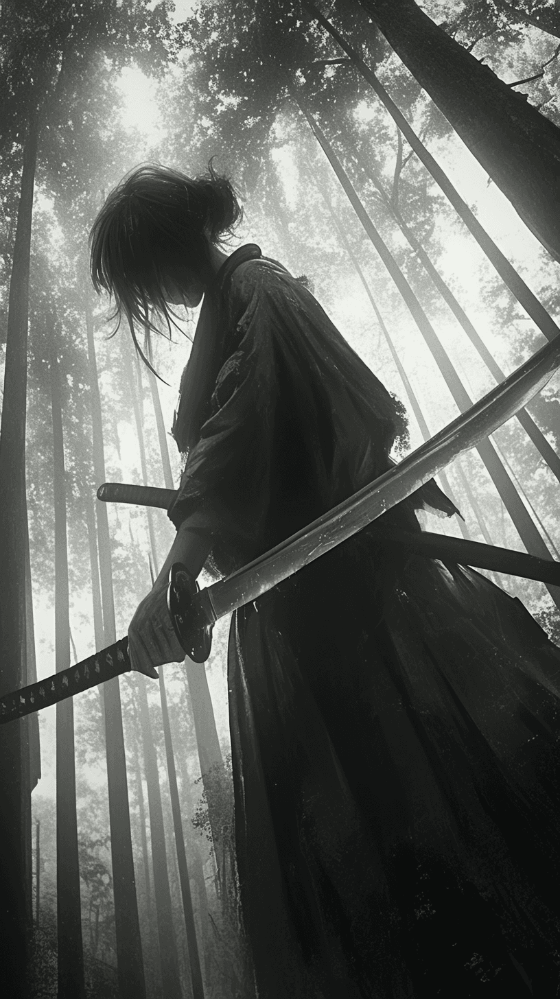 صورة مولدة بالذكاء الاصطناعي: Midjourney prompt: black and white photo of samurai sword in the wo... (نموذج Midjourney - Midjourney)