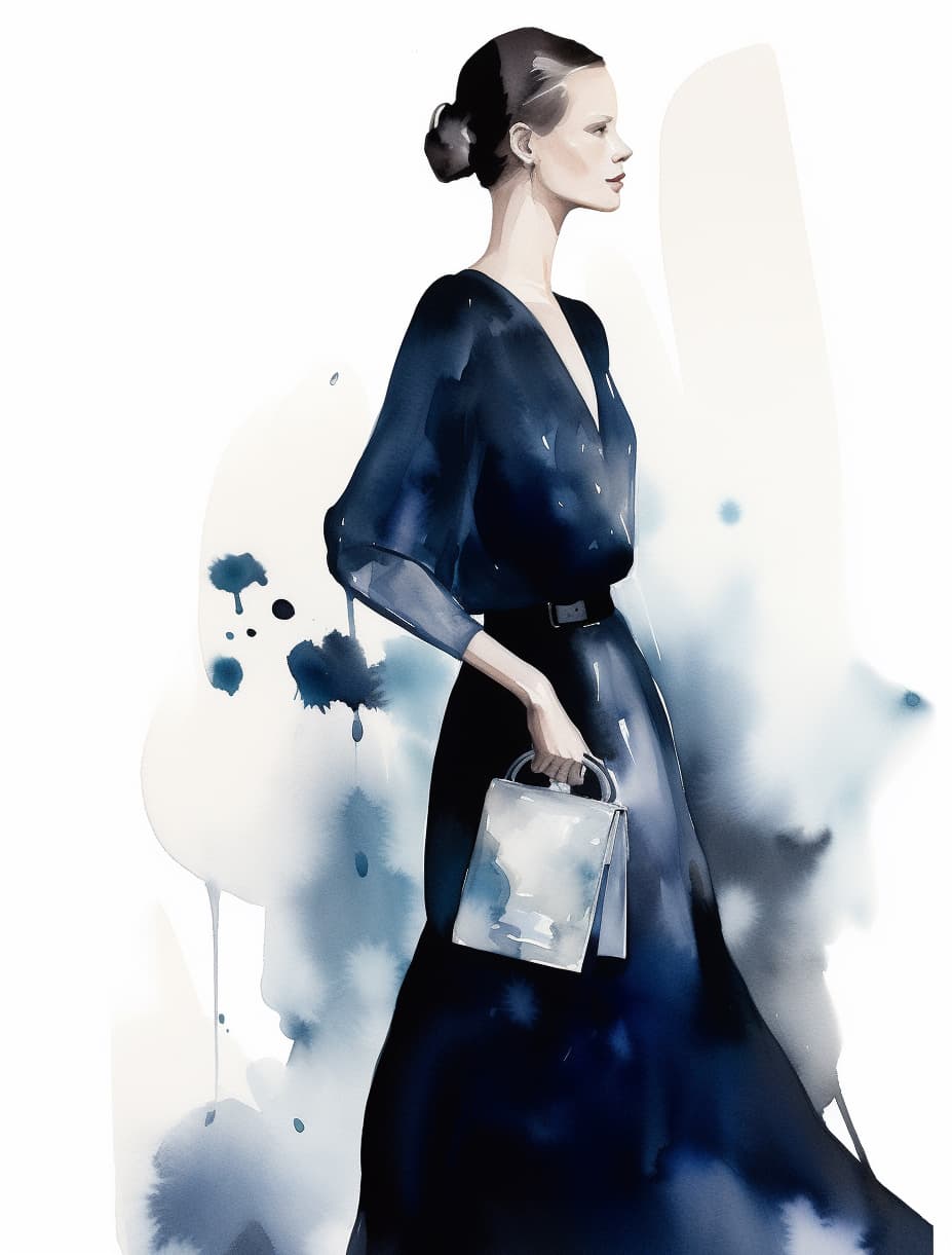صورة مولدة بالذكاء الاصطناعي: Midjourney prompt: a watercolor painting of a woman holding a purse, ... (نموذج Midjourney - أزياء وموضة)