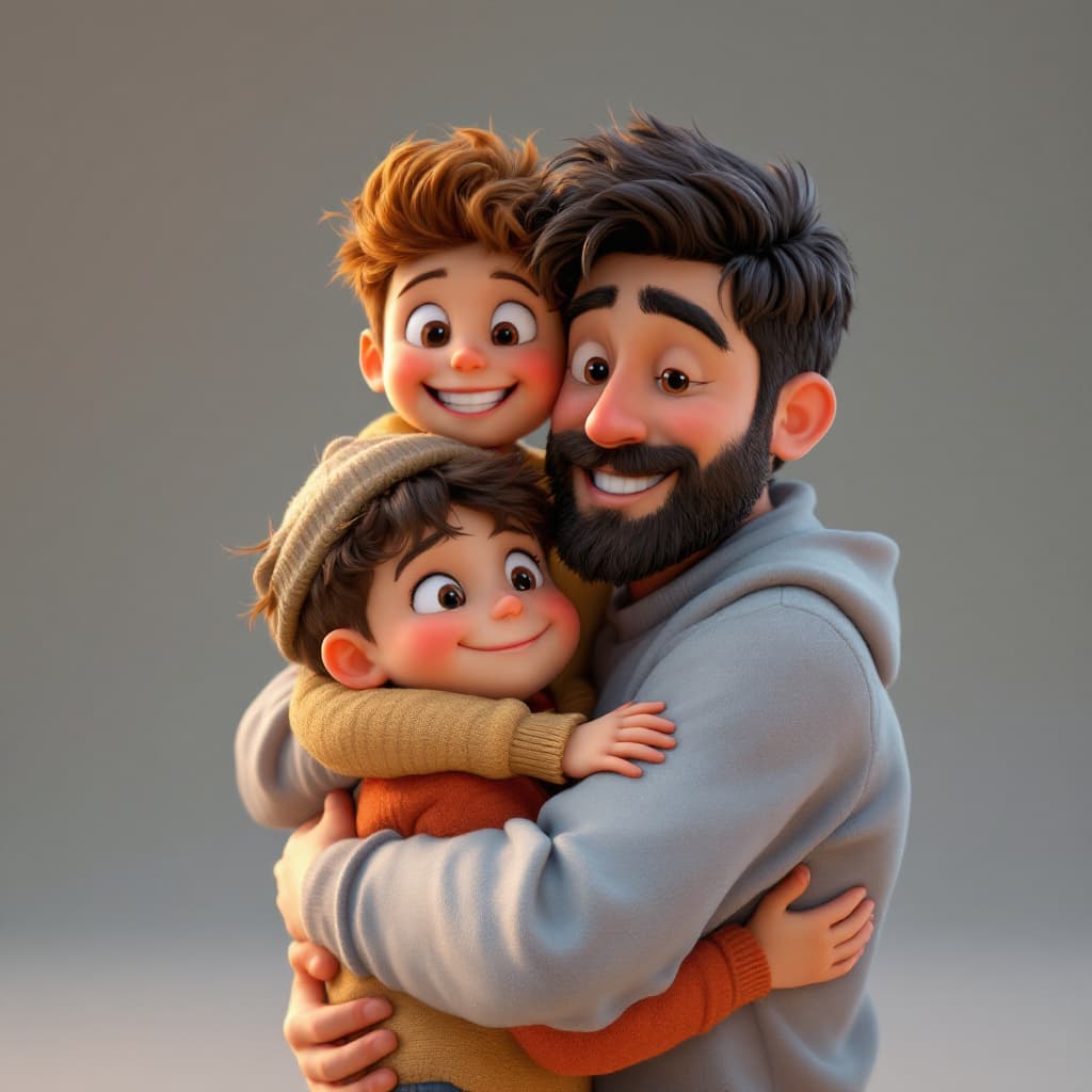 AI generated: FLUX prompt: 3D image of a cute boy hugging his father with eye... (FLUX - FLUX)