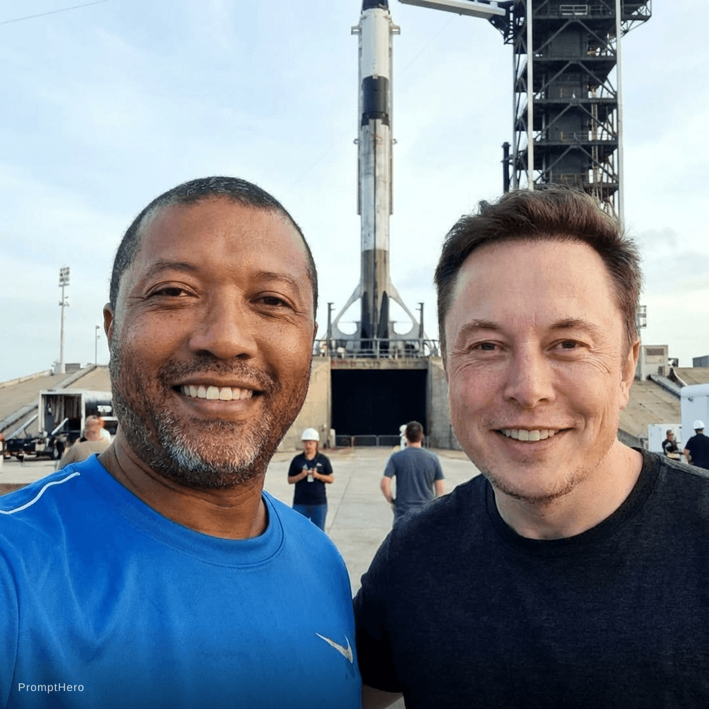 AI generated: Nano Banana prompt: with Elon Musk in front of a SpaceX rocket, profes... (Nano Banana - Nano Banana)