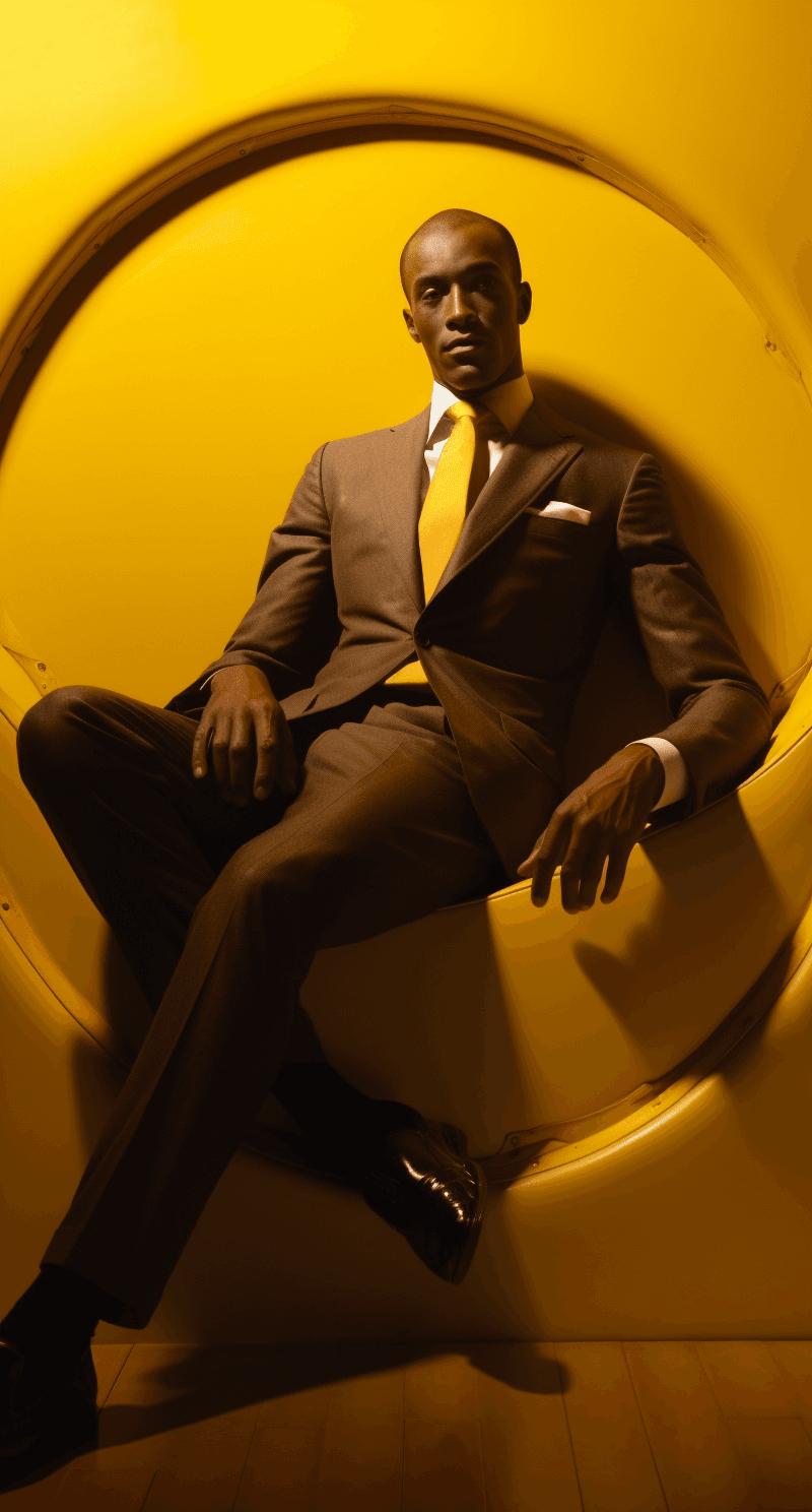 صورة مولدة بالذكاء الاصطناعي: Midjourney prompt: a man in life saver's suits, in the style of golde... (نموذج Midjourney - أزياء وموضة)