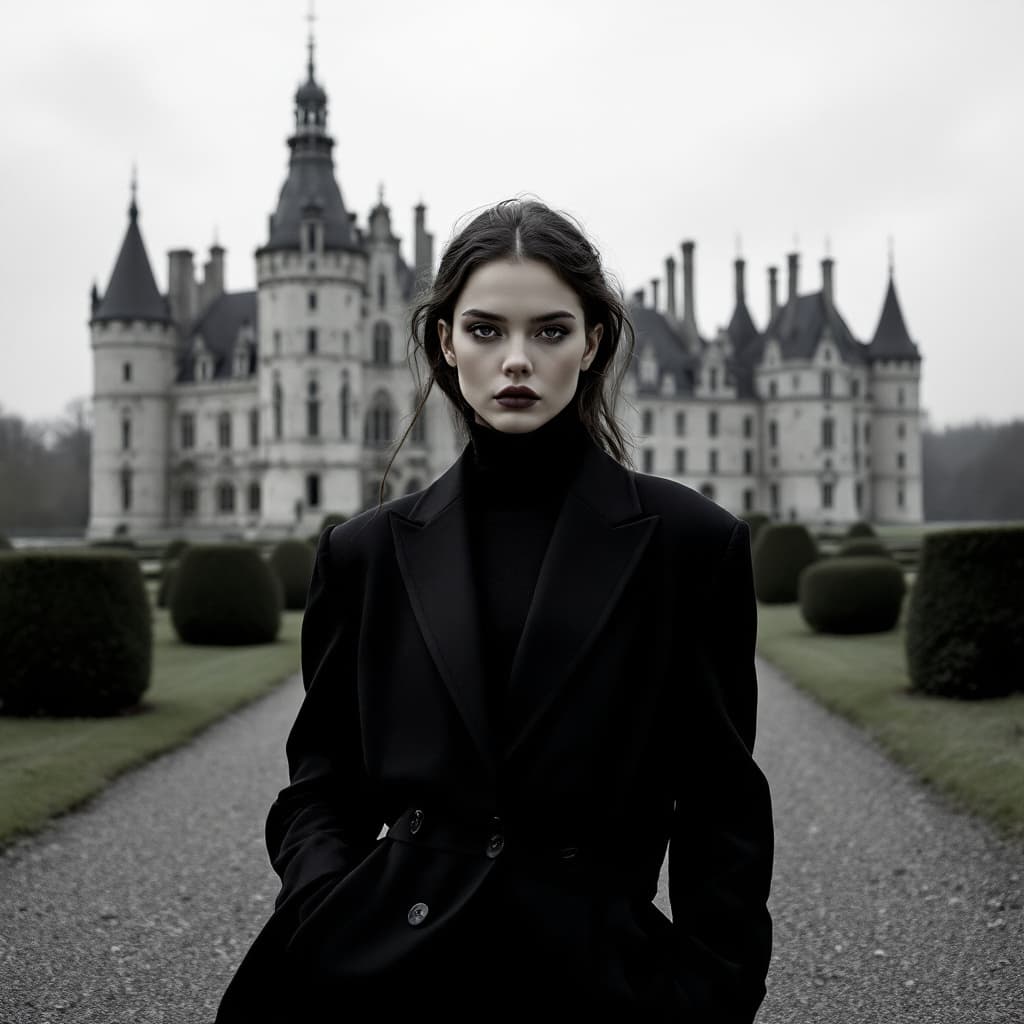 AI generated: FLUX prompt: A fashion editorial photo of a girl in a black sui... (FLUX - FLUX)