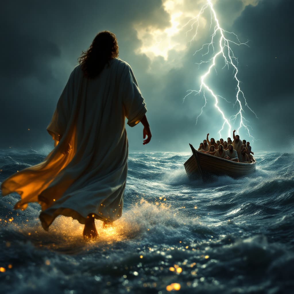 صورة مولدة بالذكاء الاصطناعي: FLUX prompt: A cinematic slow-motion video of Jesus walking on ... (نموذج FLUX - FLUX)