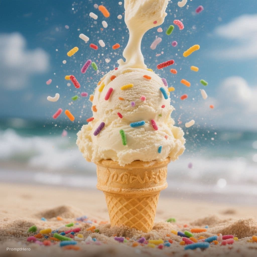 صورة مولدة بالذكاء الاصطناعي: Hero prompt: 51. Ice cream product shot, scoop falling, sprink... (نموذج Hero - Hero)