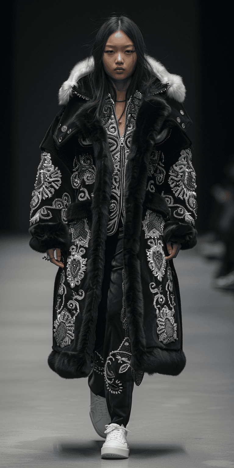 صورة مولدة بالذكاء الاصطناعي: Midjourney prompt: Vogue Runway, full body portrait of an Asian femal... (نموذج Midjourney - أزياء وموضة)