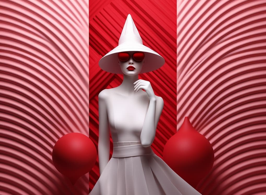 AI generated: Midjourney prompt: woman, red, and white creations, the scene is domi... (Midjourney - Fashion)