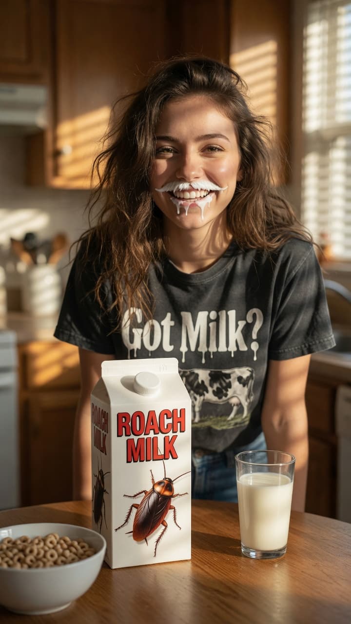 صورة مولدة بالذكاء الاصطناعي: إعلان ساخر على طراز 'Got Milk؟' على قميصها... (نموذج PromptHero - Other AI Models)